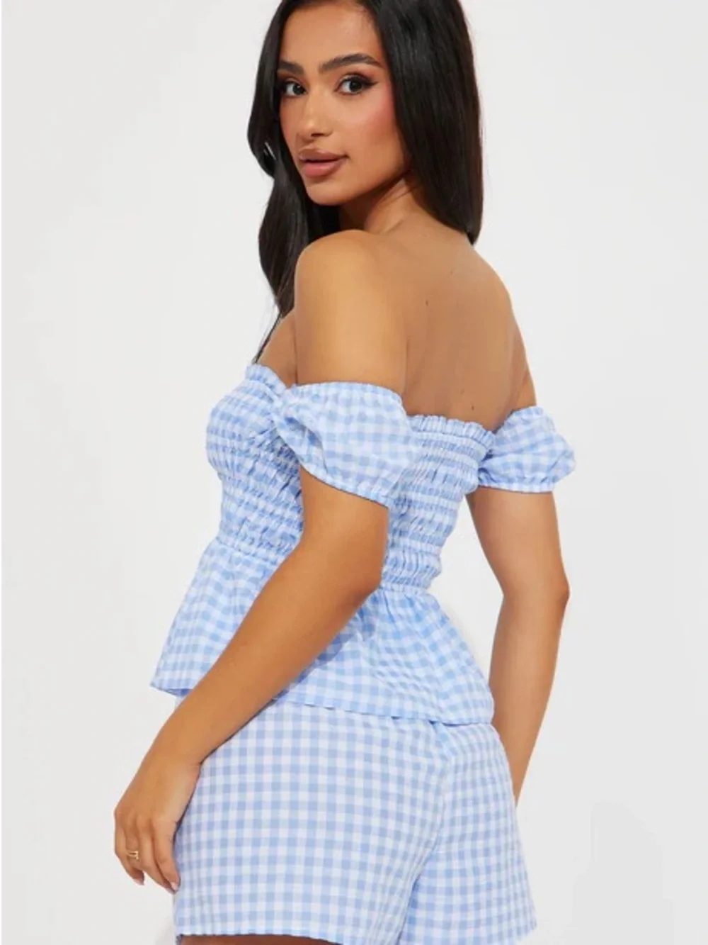 Haute Monde Blue Gingham Off-Shoulder Top & Shorts Set - Picture 3 of 4